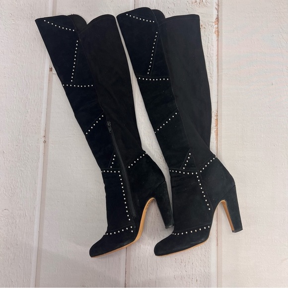 VINCE CAMUTO Carlene Black Embellished Leather Suede Over The Knee Boots 6 1/2M - Picture 7 of 17